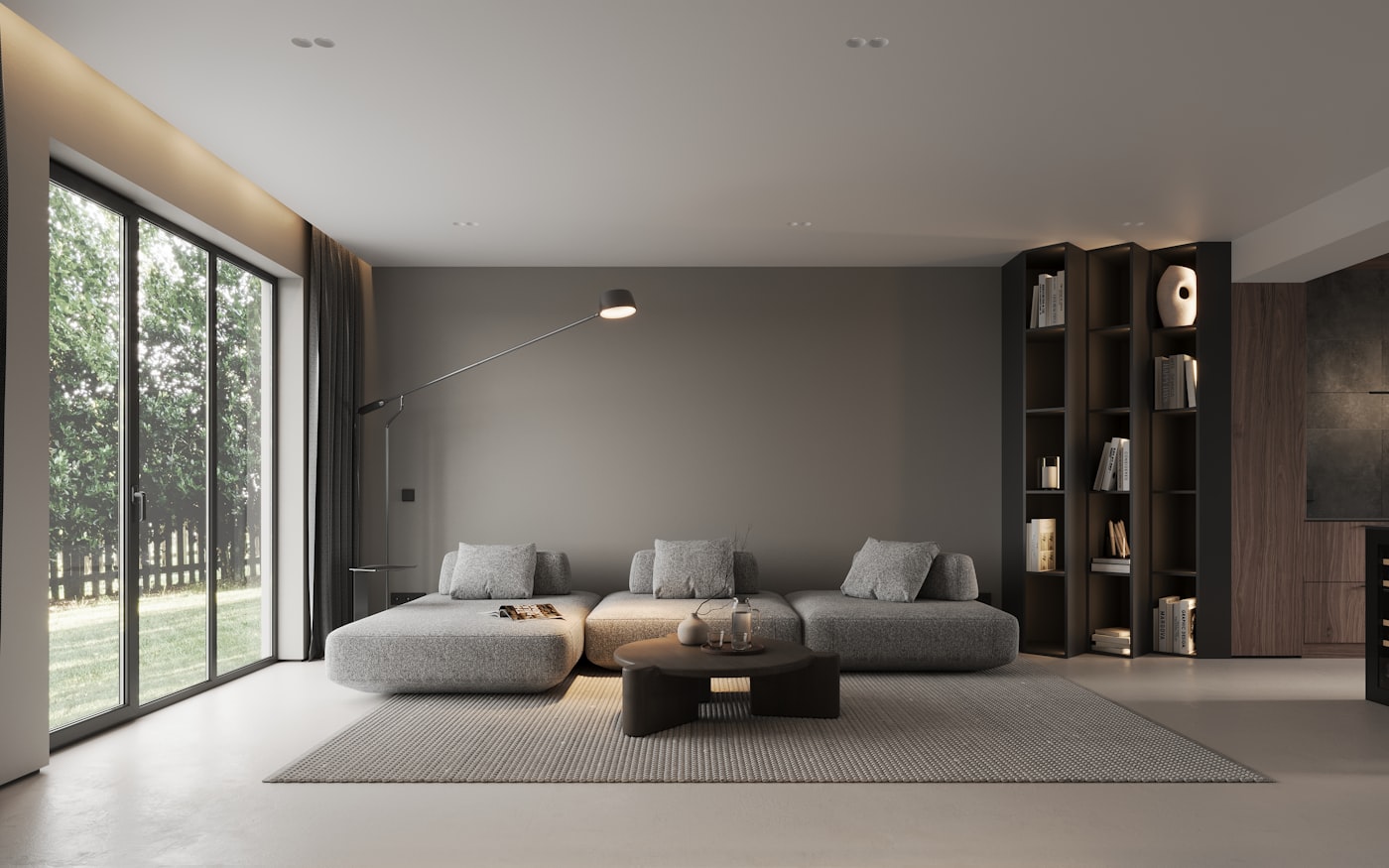 Interior: minimalist living room with garden window
