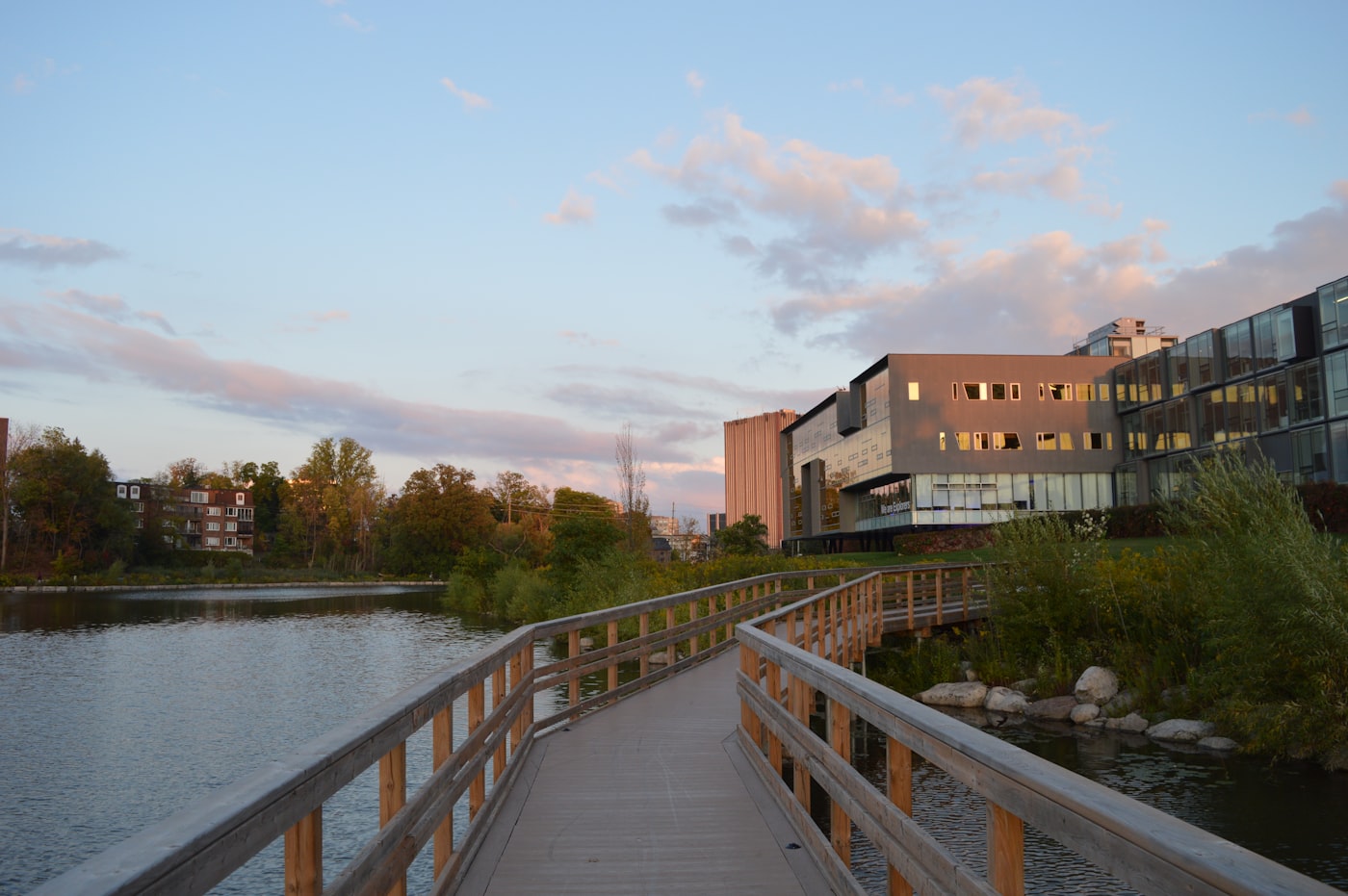 Lakeside boardwalk curving toward modern buildings at golden hour